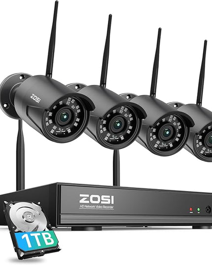 ZOSI Wireless Home Security Camera System Outdoor, 2K 3MP H.265+ 8 Channel CCTV NVR with 1TB HDD for 24/7 Record, 4 x 3MP WiFi IP Camera, Plug-in, Color Night Vision, Spotlight, Remote Access ZOSI