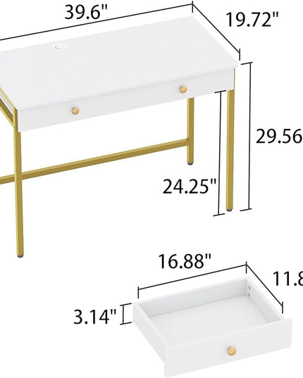 Weehom Computer Desk with Drawers, Home Office Desk for Writing, Studying, and Gaming - Sturdy and Spacious Workstation for PC and Laptop(White and Gold) - LeafyLoom