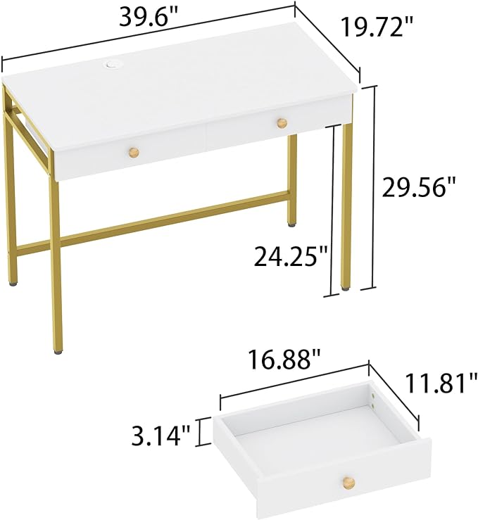 Weehom Computer Desk with Drawers, Home Office Desk for Writing, Studying, and Gaming - Sturdy and Spacious Workstation for PC and Laptop(White and Gold) - LeafyLoom