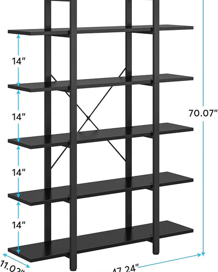 Tribesigns 5-Tier Bookshelf, Vintage Industrial Style Bookcase 72 H x 12 W x 47L Inches, Black - LeafyLoom