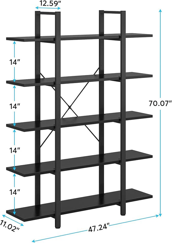 Tribesigns 5-Tier Bookshelf, Vintage Industrial Style Bookcase 72 H x 12 W x 47L Inches, Black - LeafyLoom