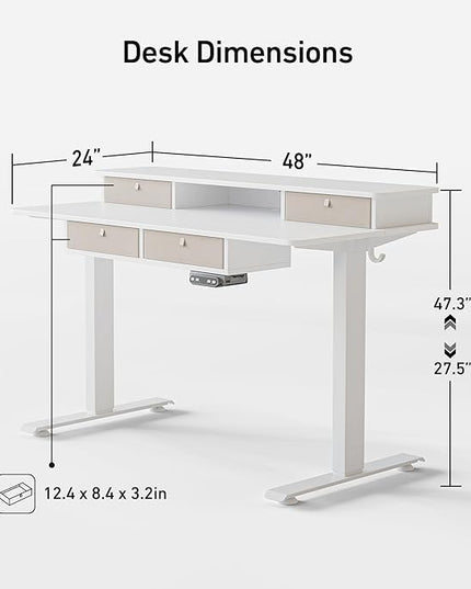 FEZIBO Sturdy Height Adjustable Electric Standing Desk with Drawers, 48 x 24 Inch Stand Up Table with Large Storage Shelf, Sit Stand Desk, White Top - LeafyLoom