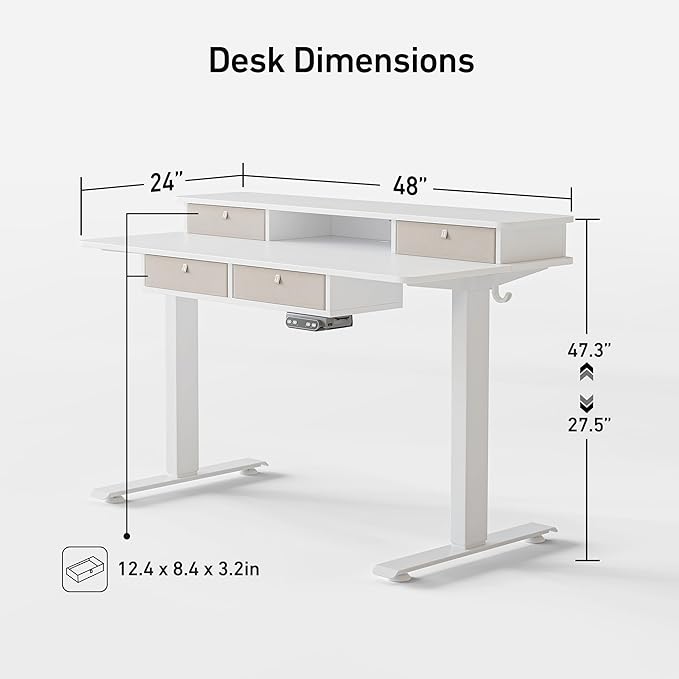 FEZIBO Sturdy Height Adjustable Electric Standing Desk with Drawers, 48 x 24 Inch Stand Up Table with Large Storage Shelf, Sit Stand Desk, White Top - LeafyLoom