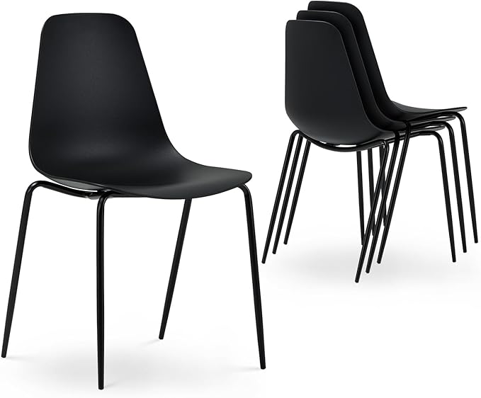 COLAMY Stackable Dining Chairs Set of 4, Indoor Outdoor Dining Room Side Chairs with Metal Legs, Modern Plastic Patio Chairs for Home/Kitchen/Office/Resturant/Bistro/Cafe, Black - LeafyLoom