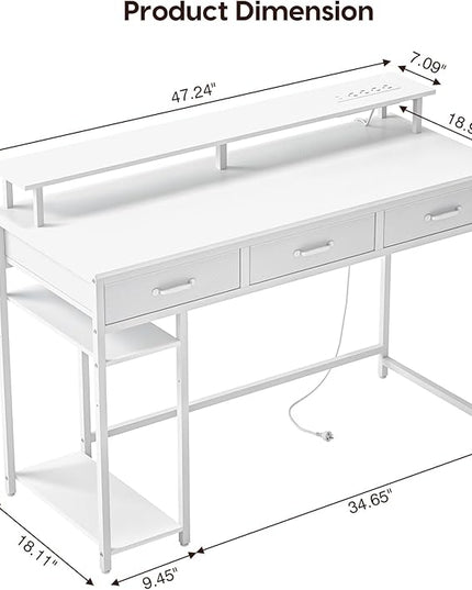Computer Desk with Drawers and Storage Shelves, Home Office Desk with LED Lights & Power Outlets, Gaming Desk with Monitor Stand, Writing Study Desk, Kids Small Desk for Bedroom, White - LeafyLoom