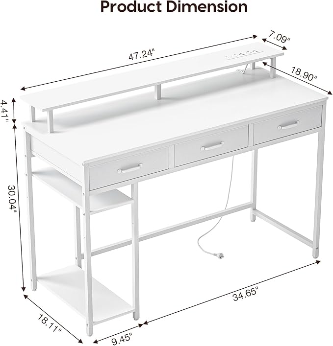 Computer Desk with Drawers and Storage Shelves, Home Office Desk with LED Lights & Power Outlets, Gaming Desk with Monitor Stand, Writing Study Desk, Kids Small Desk for Bedroom, White - LeafyLoom
