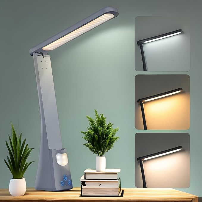 LED Desk Lamp with Night Light 3 Color Dimmable Rechargeable Memory Function Battery Powered, Foldable Portable Design for Home Office、 college dorm room and Dormitory - LeafyLoom