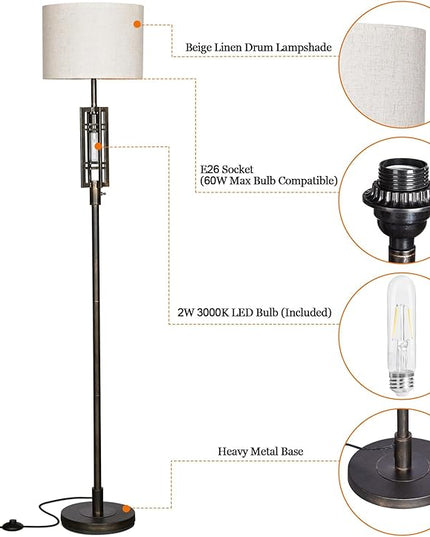 SURAIELEC Farmhouse Floor Lamp with LED Nightlight Bulb, Rustic Tall Lamps for Cabin, Traditional Standing Lamps for Bedroom, Beige Linen Drum Shade, Oil Rubbed Bronze Finish, Foot Switch - LeafyLoom