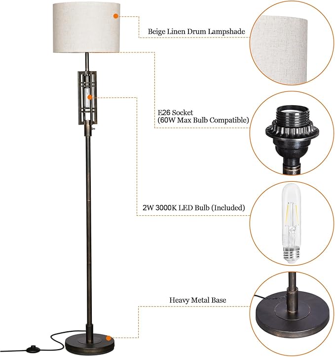SURAIELEC Farmhouse Floor Lamp with LED Nightlight Bulb, Rustic Tall Lamps for Cabin, Traditional Standing Lamps for Bedroom, Beige Linen Drum Shade, Oil Rubbed Bronze Finish, Foot Switch - LeafyLoom
