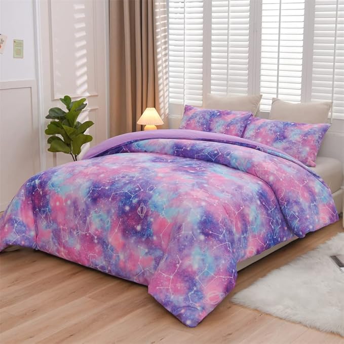 Holawakaka Tie Dye Constellation Print Ombre Comforter Set Queen Size Girls Boys Gradient Galaxy Bedding Sets(Purple, Queen) - LeafyLoom
