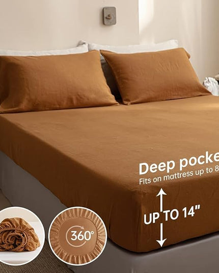 Simple&Opulence 100% Linen Sheet Set Solid Color-4 Pc Washed French Linen Bed Sheets Breathable Bedding Set-1 Flat Sheet,1 Fitted Sheet,2 Pillowcases (Full, Basic Rust) - LeafyLoom