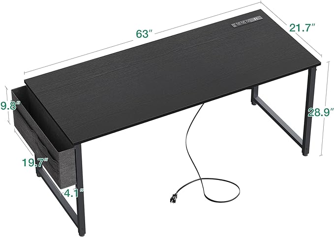AODK 63 inch Small Computer Desk with Power Outlet for Small Spaces Home Office Student Laptop PC Writing Desks with Storage Bag Headphone Hook, Black - LeafyLoom