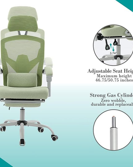 edx Ergonomic Office Chair, Reclining High Back Mesh Computer Desk Swivel Rolling Home Task Chair with Lumbar Support Pillow, Adjustable Headrest, Retractable Footrest and Padded Armrests, Green - LeafyLoom