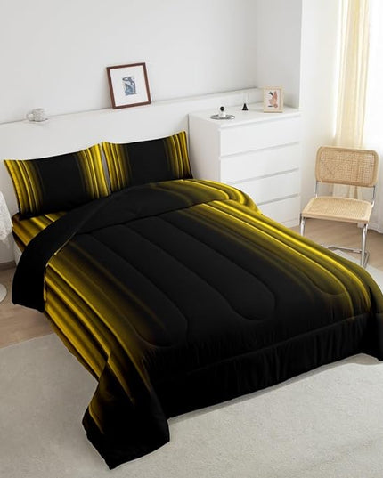 Geometric Abstract Ombre Bedding Bed Set Men Adults Teens Yellow Black Striped Comforter Set Kids Boys Girls Simple Modern Comforter Collection 3Pcs King Size Boys - LeafyLoom