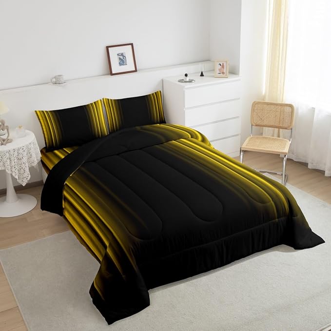 Geometric Abstract Ombre Bedding Bed Set Men Adults Teens Yellow and Black Striped Comforter Set Kids Boys Girls Simple Modern Comforter Inner Fill Bedroom Collection 3Pcs Full Size - LeafyLoom