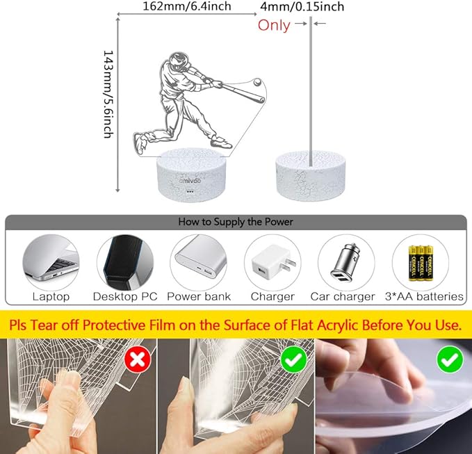 Baseball Night Light for Kids, 16 Colors Changing Baseball Sport Gifts Dimmable Bedside Lamp with Remote Control, Xmas Birthday Gifts for Kids Baseball Fans (Baseball Hitter) - LeafyLoom