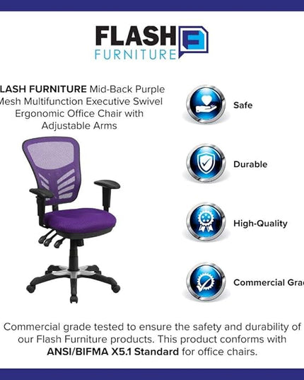 Flash Furniture Nicholas Mid-Back Swivel Office and Gaming Chair, Ergonomic Mesh Office Chair with Adjustable Lumbar Support and Height, Purple - LeafyLoom