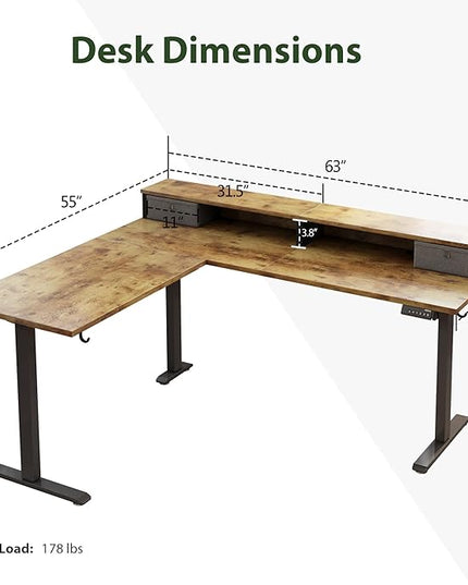 L shaped Electric Standing Desk with 2 Drawers, 63 Inch Ergonomic Adjustable Height Desk with Storage, Corner Desk Sit Stand up Computer Table for Work Office Home, Rustic Brown - LeafyLoom