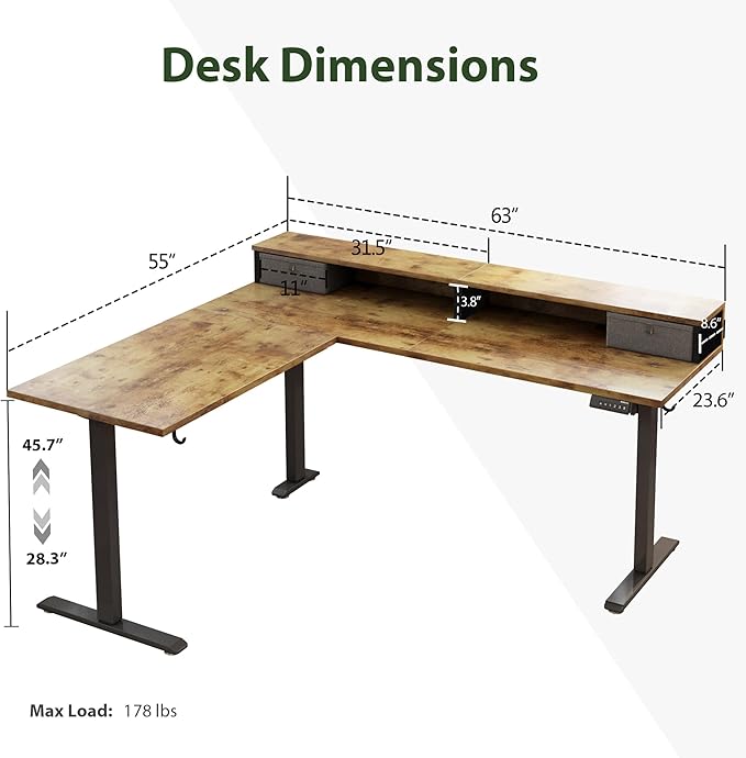 L shaped Electric Standing Desk with 2 Drawers, 63 Inch Ergonomic Adjustable Height Desk with Storage, Corner Desk Sit Stand up Computer Table for Work Office Home, Rustic Brown - LeafyLoom