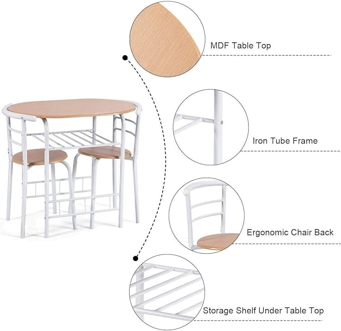FANTASK 3 Pieces Dining Set, Breakfast Table Set w/Metal Frame and Storage Shelf, Compact Table and 2 Chairs Set for Home Bistro Pub Apartment Kitchen Dining Room Cafe - LeafyLoom