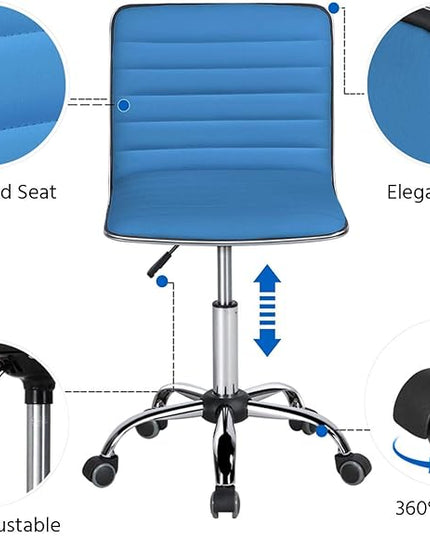 Yaheetech PU Leather Office Chairs, Ribbed Armless Swivel Chairs, Ergonomic Low Back Task Chairs with Wheels Blue - LeafyLoom