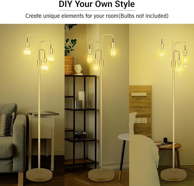 BoostArea Industrial Floor Lamp for Living Room,Gold Modern Standing Lamp Stand Up Lamp with 3 Light, Bulbs Not Included,Simple Design Floor Lamp for Bedroom, Living Room, Office, Kids Room, Reading - LeafyLoom