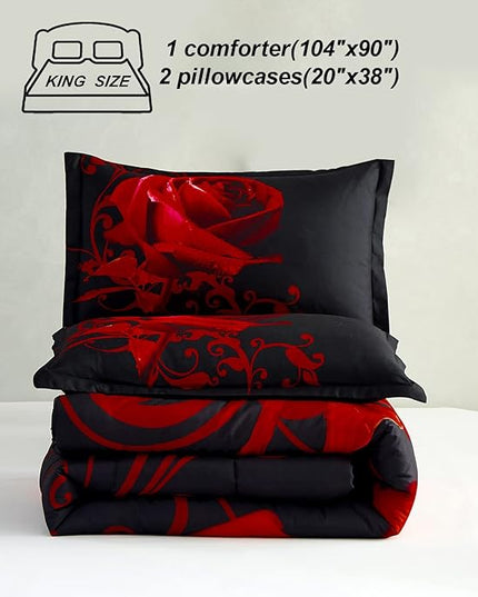 WONGS BEDDING Red Comforter Set King Reversible Red Rose Pattern Printed Bedding Down Comforter with 2 Pillowcases for All Seasons, Soft Microfiber Lightweight Bedding Set 103"x90" - LeafyLoom