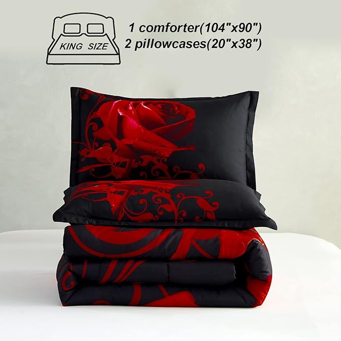 WONGS BEDDING Red Comforter Set King Reversible Red Rose Pattern Printed Bedding Down Comforter with 2 Pillowcases for All Seasons, Soft Microfiber Lightweight Bedding Set 103"x90" - LeafyLoom
