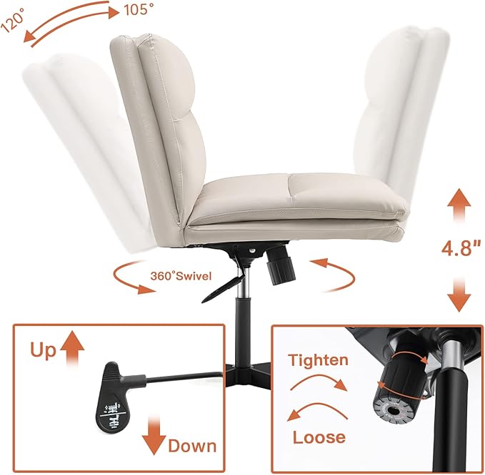 EMIAH Armless Office Desk Chair No Wheels PU-Padded Vanity Mid-Back Ergonomic Home Computer Comfortable Adjustable Swivel Task Chair with Thickened Cushion - LeafyLoom