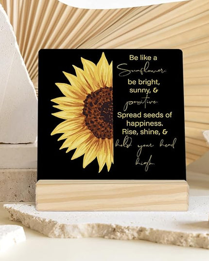 MUBIAO Sunflower Wooden Plaque Sign Desk Decor, Motivational Sunflower Quote Wood Stand Signs Desk Decor, Rustic Decor for Home Office Shelf Desk 4 x 4 Inches - LeafyLoom