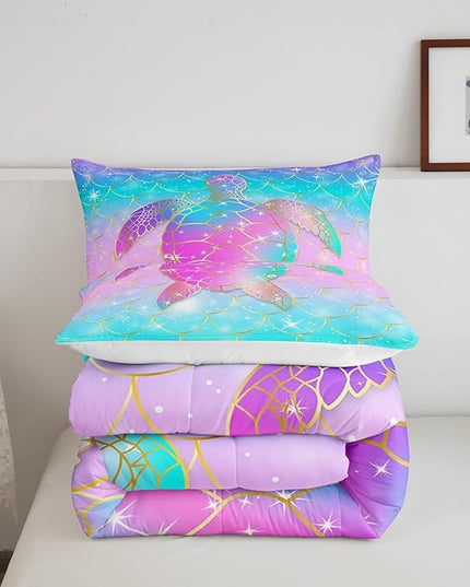 Erosebridal Mermaid Scales Comforter Set for Girls, Tortoise Reptile Bedding Set Twin Size, Sea Turtle Ocean Life Duvet Sets for Kids Children Boys Women, Sweet Girly Down Comforter, Teal Blue - LeafyLoom