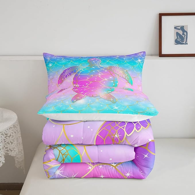 Erosebridal Mermaid Scales Comforter Set for Girls, Tortoise Reptile Bedding Set Twin Size, Sea Turtle Ocean Life Duvet Sets for Kids Children Boys Women, Sweet Girly Down Comforter, Teal Blue - LeafyLoom