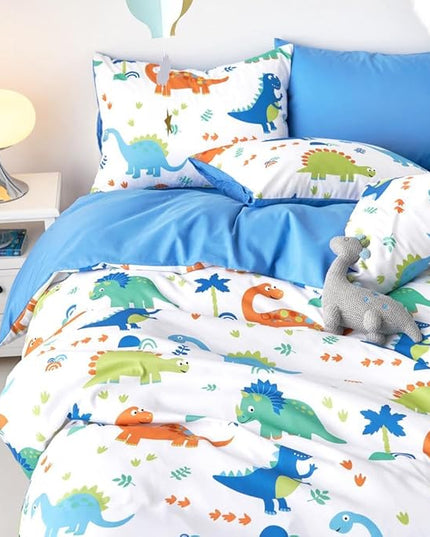 Wake In Cloud - Dinosaur Bedding Set for Boys, Cute Colorful Dinosaur Comforter Set with Sheets, 5 Pieces Kids Bed in a Bag, White Blue, Twin Size - LeafyLoom
