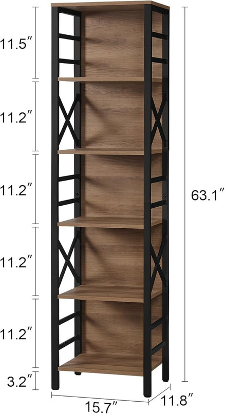 Bookcase, Narrow Bookcase with Cube Storage Shelf, Industrial 6 Tier Slim Bookshelf,Skinny Bookseca for Corner Small Space, Living Room, Bedroom and Home Office, Brown - LeafyLoom