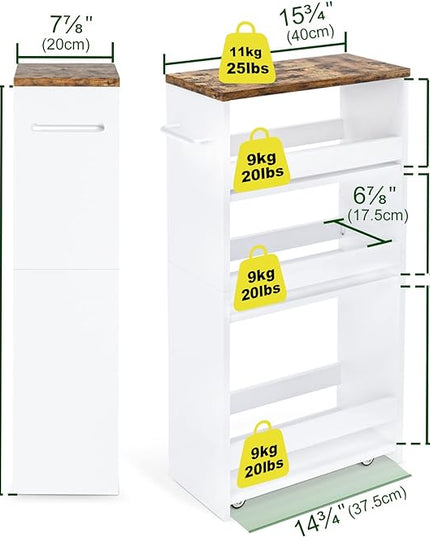 TEAMIX 4 Tier White Slim Storage Cart with Handle, 7.9''W Slide Out Storage Rolling Utility Cart Mobile Shelving Unit Organizer Trolley for Small Spaces Kitchen Laundry Narrow Places - LeafyLoom