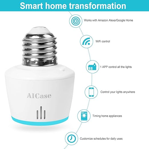 AICase Smart WiFi E27/E26 Light Socket, [2 Pack] Intelligent WLAN Home Remote Control Light Lamp Bulb Holder Compatible with Alexa and Google Home-White AICase