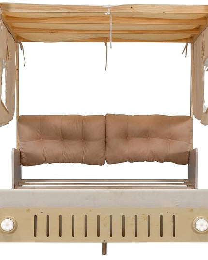 Full Size Car Bed with Car-Light Shape LED & Pillow,Wooden Kids Racecar Bedframe W/Magazine Holder & Ceiling Cloth,Easy Assembly,Toy Bedroom Furniture for Boys Kids Toddlers Child,Natural - LeafyLoom