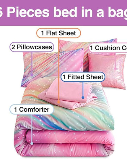 Btargot Super Soft 6 Pieces Gradient Star Ring Comforter Set, Colorful Glitter Rainbow Star Pattern Bedding Set for Boys Girls Teens, Full Pink - LeafyLoom