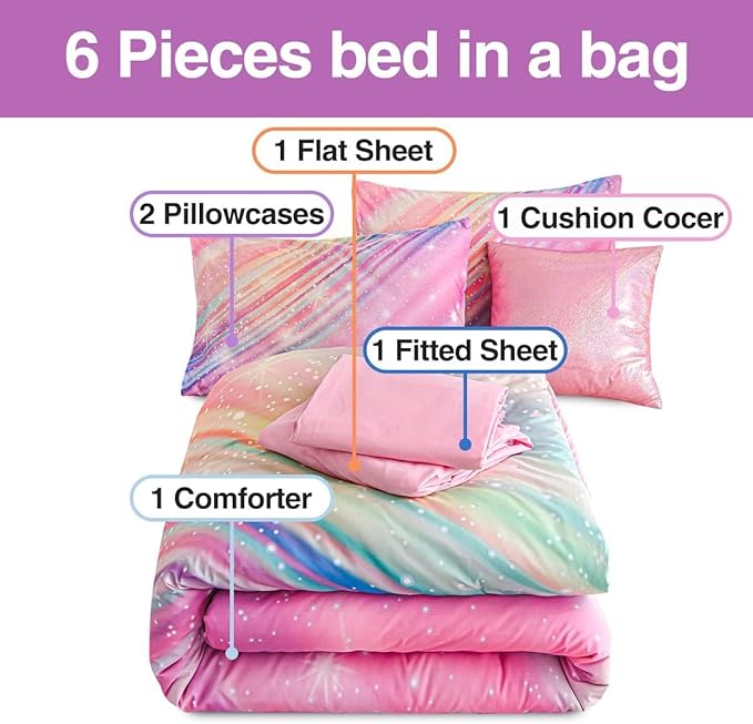 Btargot Super Soft 6 Pieces Gradient Star Ring Comforter Set, Colorful Glitter Rainbow Star Pattern Bedding Set for Boys Girls Teens, Full Pink - LeafyLoom