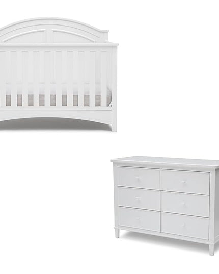 Delta Children Haven 6 Drawer Dresser, White + Perry 6-in-1 Convertible Crib - Greenguard Gold Certified, White (Bundle) - LeafyLoom