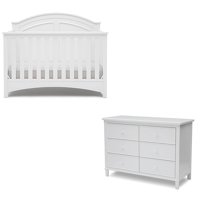 Delta Children Haven 6 Drawer Dresser, White + Perry 6-in-1 Convertible Crib - Greenguard Gold Certified, White (Bundle) - LeafyLoom