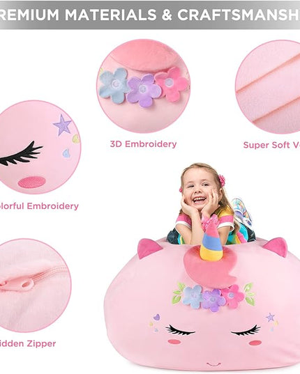 GAGAKU Stuffed Animal Bean Bag Cover Toy Storage, 24 Inches Kids Bean Bag Chair Cover ONLY Pink Unicorn Large Zipper Bean Bag for Organizing Kids Plush Toys Home Supplies (Cover Only) - LeafyLoom