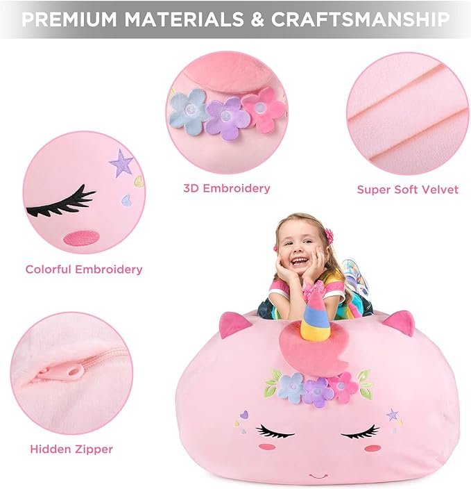 GAGAKU Stuffed Animal Bean Bag Cover Toy Storage, 24 Inches Kids Bean Bag Chair Cover ONLY Pink Unicorn Large Zipper Bean Bag for Organizing Kids Plush Toys Home Supplies (Cover Only) - LeafyLoom