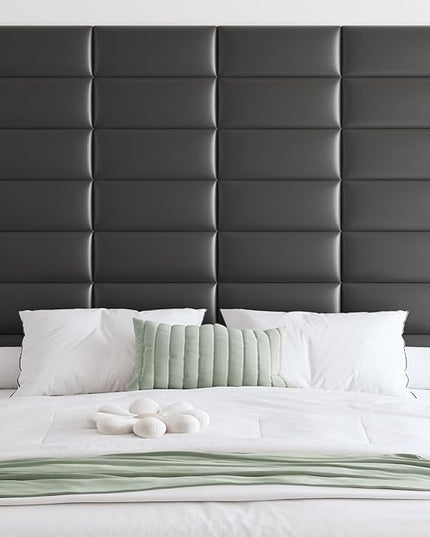 Wall Mounted Upholstered Headboard Queen, 3D Peel and Stick Soundproof Wall Panels, Reusable and Removable Padded Headboard Leather Bed Headboard, 9 Panels Headboard 9.84" x 23.62", Black - LeafyLoom