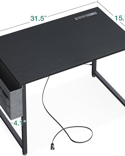 KKL Small Desk with Power Outlets and USB Port Computer Desk for Home Office Gaming Simple Modern Style Writing Desks with Storage Bag Headphone Hook, 32 inch, Black - LeafyLoom