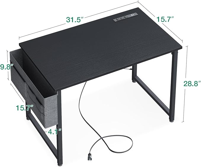 KKL Small Desk with Power Outlets and USB Port Computer Desk for Home Office Gaming Simple Modern Style Writing Desks with Storage Bag Headphone Hook, 32 inch, Black - LeafyLoom