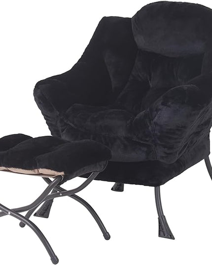 Welnow Lazy Chair with Ottoman, Modern Lounge Accent Chair with Armrests and a Side Pocket, Leisure Sofa Chair Set, Reading Chair with Footrest for Small Space, Corner Chair, Plush Black - LeafyLoom