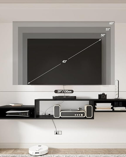 Floating TV Stand Wall Mounted with Power Outlet 59", Floating Entertainment Center, Wood Media Console Shelf for Under TV Storage for Living Room Bedroom Office, Black - LeafyLoom
