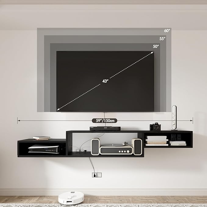 Floating TV Stand Wall Mounted with Power Outlet 59", Floating Entertainment Center, Wood Media Console Shelf for Under TV Storage for Living Room Bedroom Office, Black - LeafyLoom