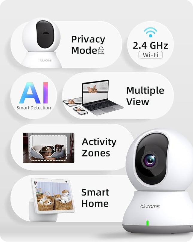 blurams Security Camera 2K, Baby Monitor Dog Camera 360-degree for Home Security (White + 64GB TF Card) Blurams